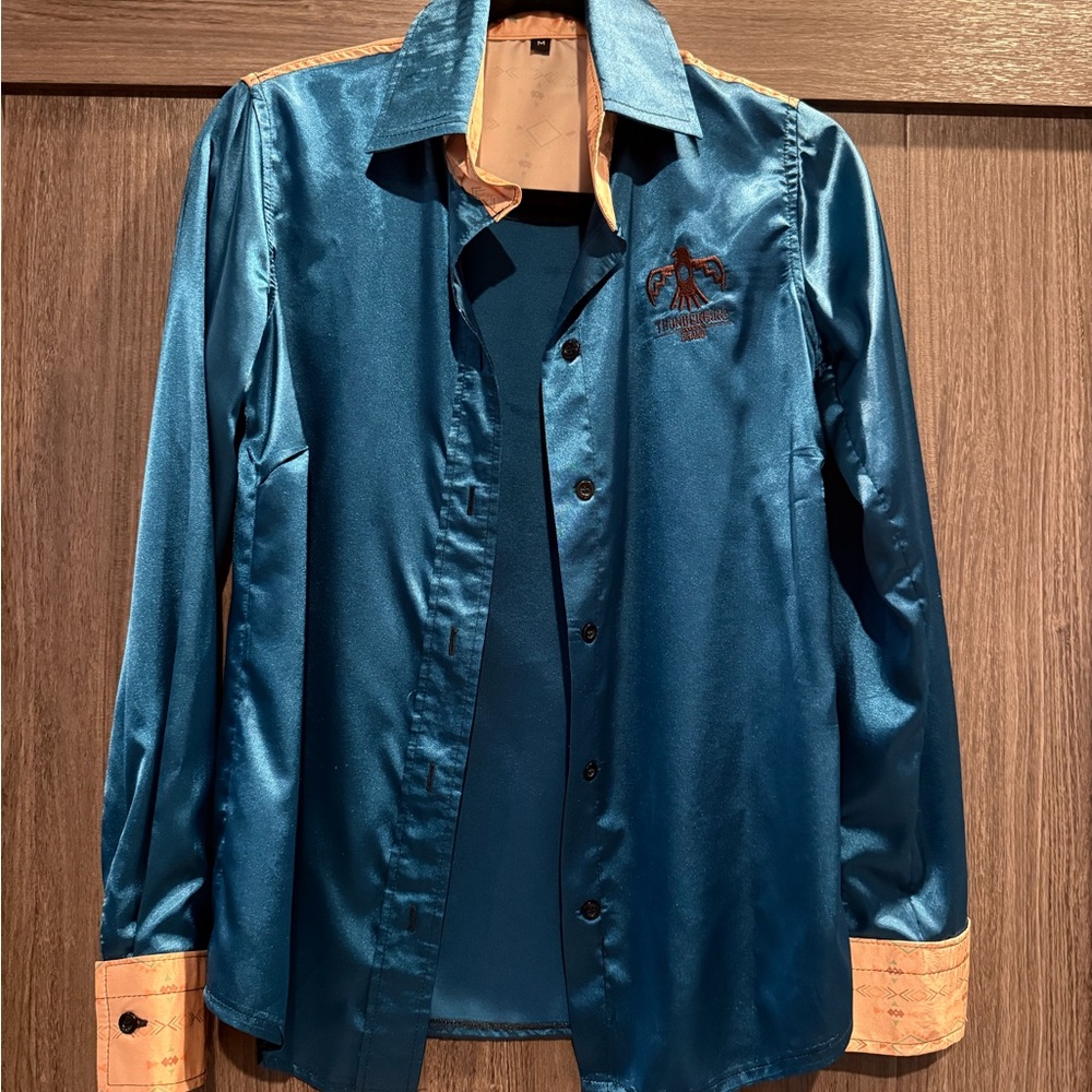 Satin Button-Down Shirt - Teal with Contrast Cuffs
